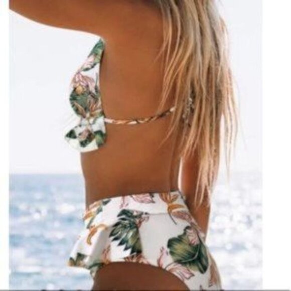 High Waisted White, Brown & Green Leaf Print Bikini Swim Suit - Picture 3 of 4